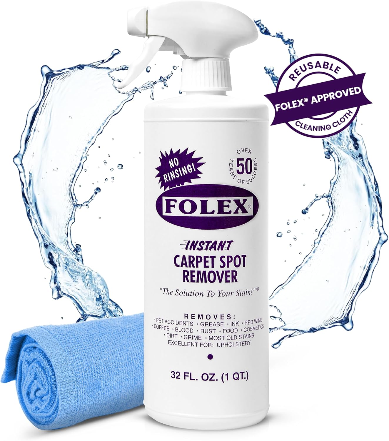 FOLEX Instant Carpet Spot Remover 32 oz – Powerful Stain Remover for Carpets, Upholstery & Rugs – Eliminates Pet Stains, Grease, Red Wine, Food, Makeup & More – With Reusable Cleaning Cloth - 1 Pack - Image 3