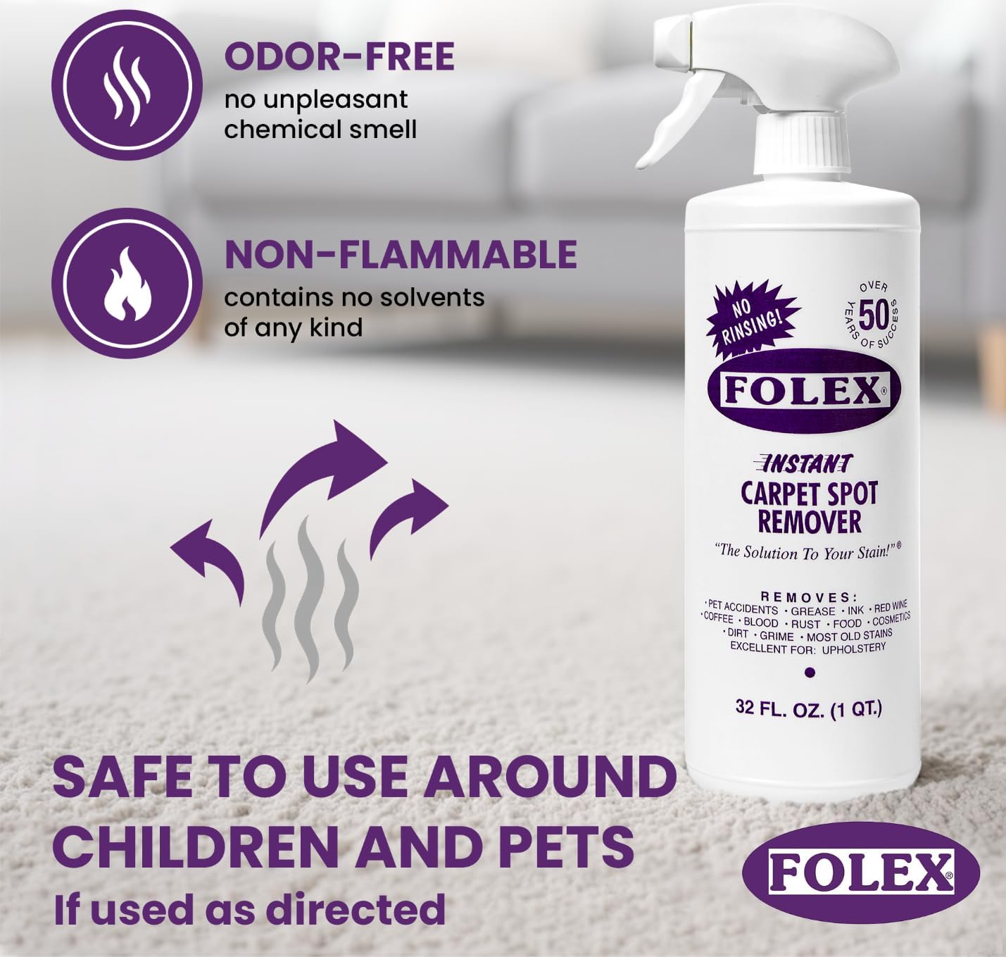 FOLEX Instant Carpet Spot Remover 32 oz – Powerful Stain Remover for Carpets, Upholstery & Rugs – Eliminates Pet Stains, Grease, Red Wine, Food, Makeup & More – With Reusable Cleaning Cloth - 1 Pack - Image 4