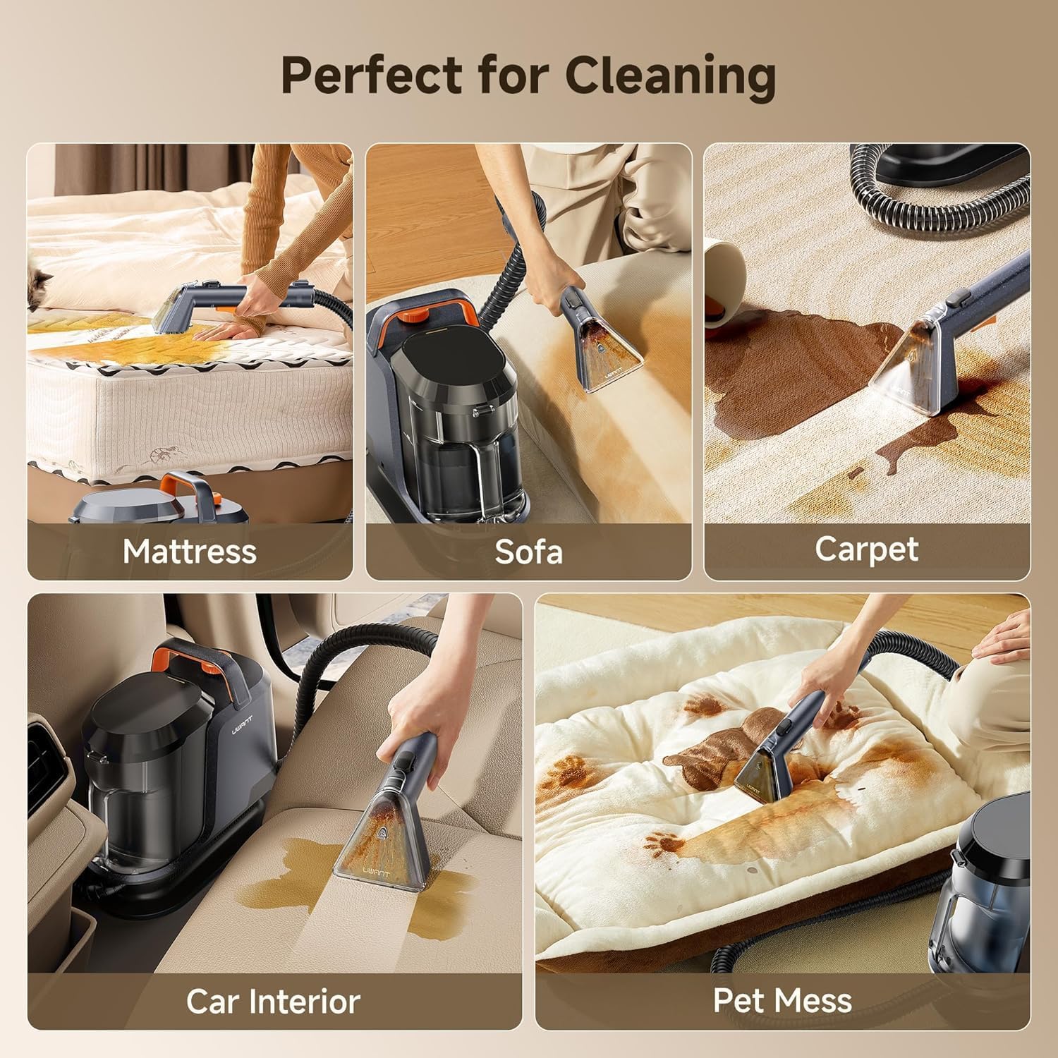 Uwant Carpet Cleaner Machine 18Kpa Powerful Suction, Portable Carpet Cleaner with Cleaning Tools&Self-cleaning Upholstery Cleaner for Cars,Sofa Set of 1 - Image 4