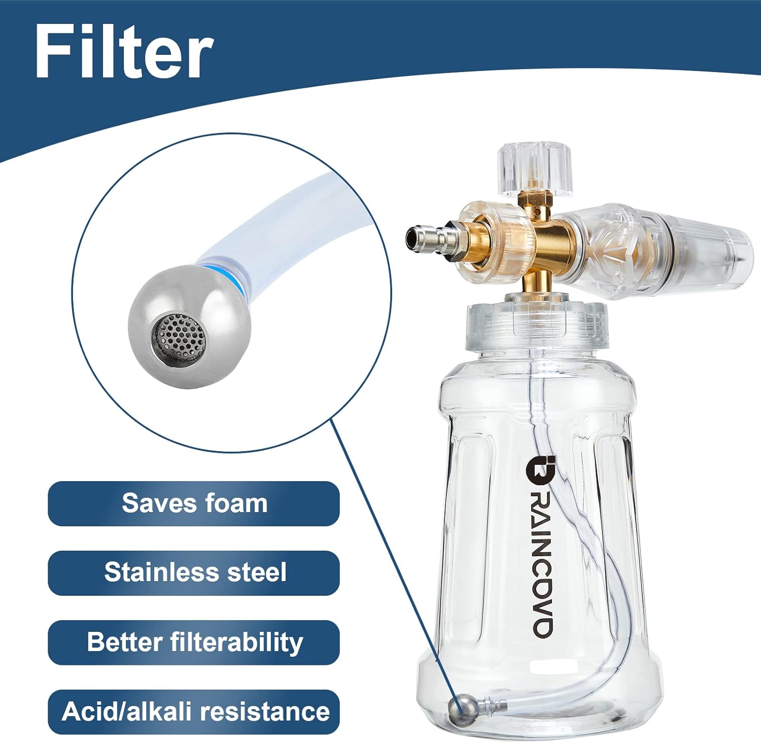 Raincovo Foam Cannon for Pressure Washer, Snow Clear Foam Cannon for Car Wash, Stainless Steel Filter, Adjustable Nozzle with M22 and 1/4 Inch Quick Connect, Additional 1.1 mm Orifice Nozzle - Image 3